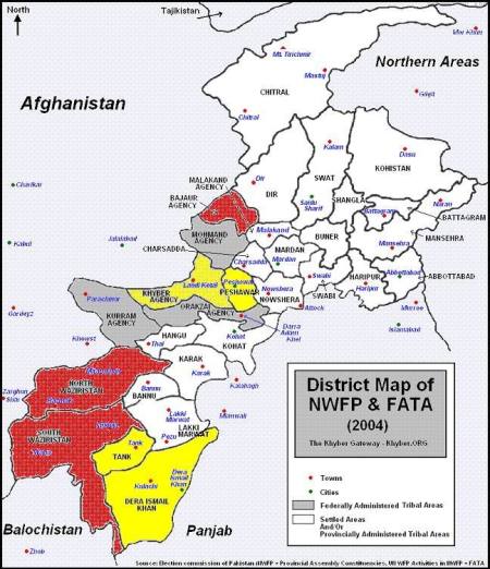 North and South Waziristan (in Red, bottom left), source Election Commission of Pakistan